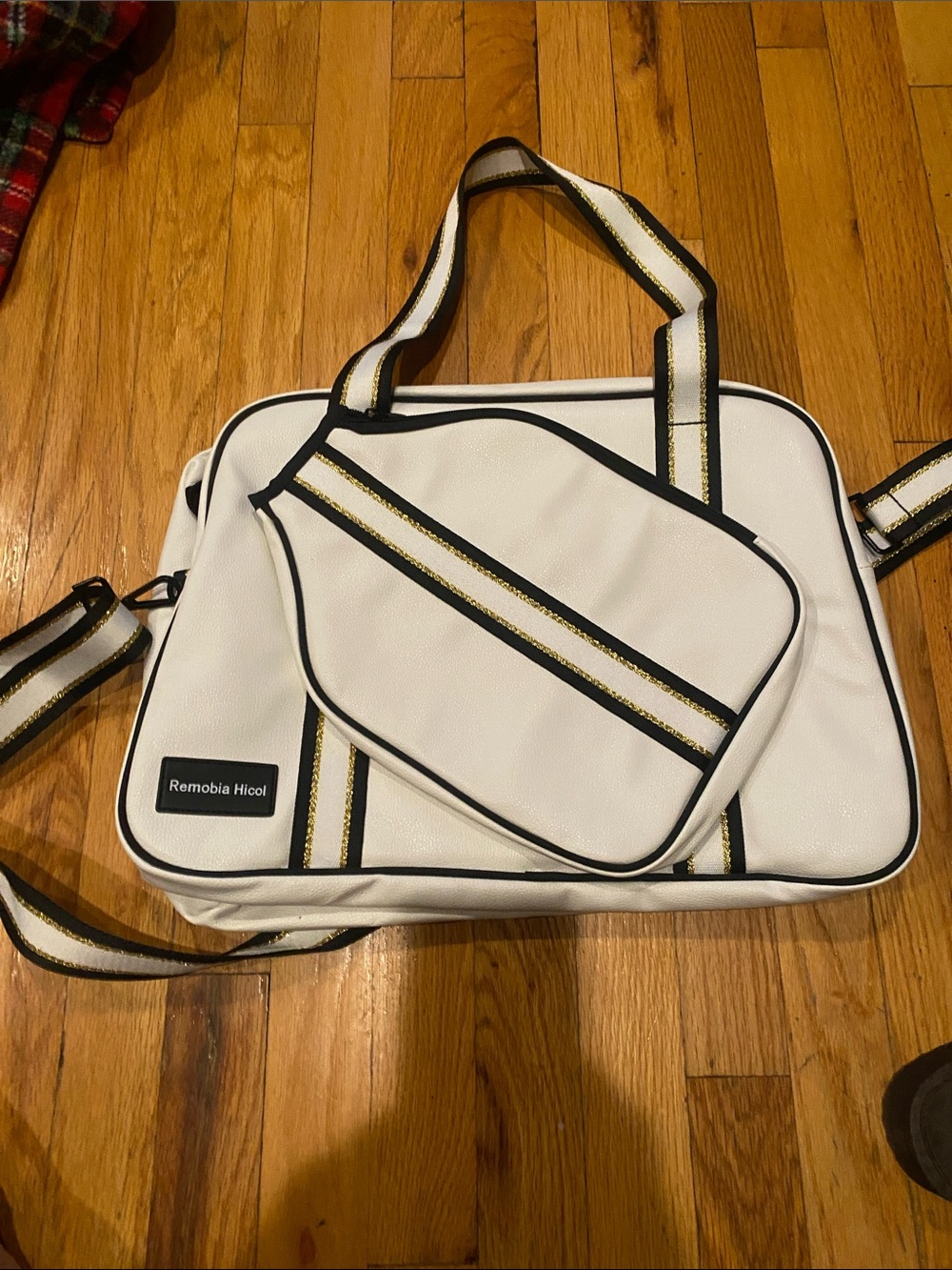 White Women's pickleball Shoulder Bag with Gold-Trim Accents